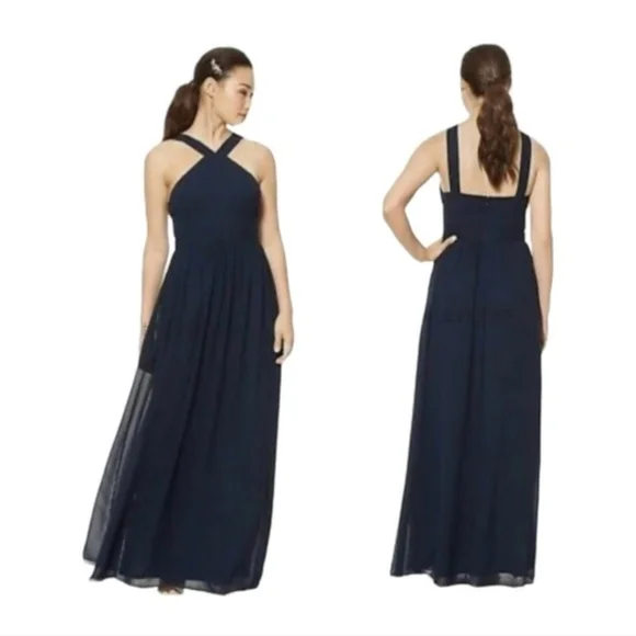 🆑️CLEARANCE Bill Levkoff Formal Maxi Dress Navy Blue Cross-Strap Size 10 Sample - Picture 1 of 12